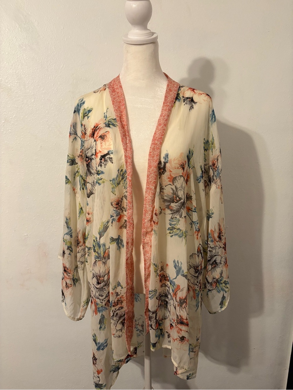 Floral Sheer Kimono Robe in Cream with Coral Trim